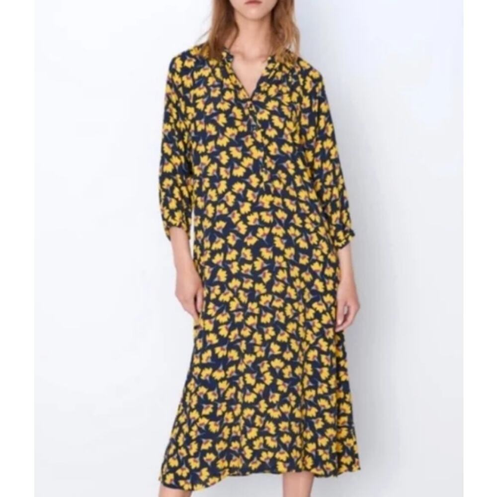 Zara Collection Yellow Navy‎ Floral Boho Button Front Midi Dress Size XS